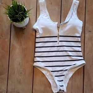 Striped half zip swim suit